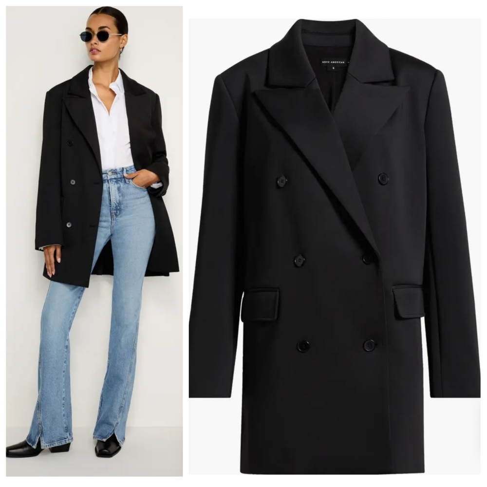 Good American Scuba Double-Breasted Longline Coat Black | Sculpting |Size 2X